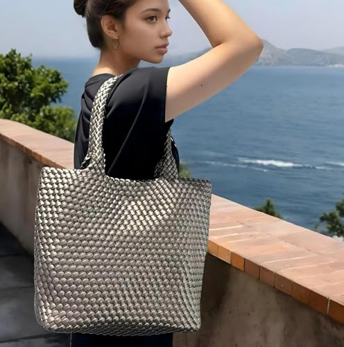 Woven Tote Bag for women,Vegan Leather Woven Satchel Handbag,Shoulder bag with Pouch,Hobo bag fits13-14” laptops - color: Sliver Grey