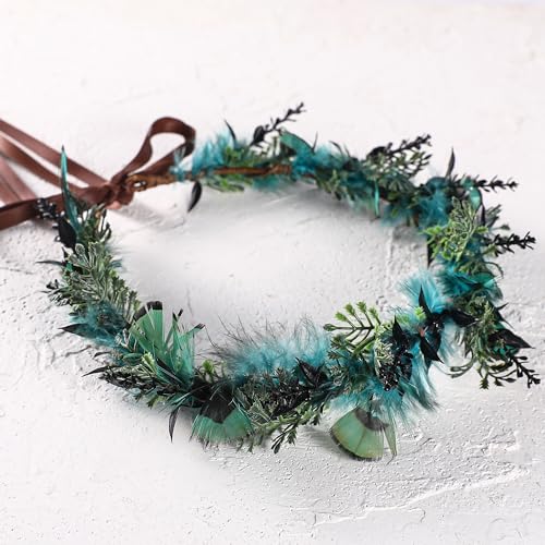 Blue Flower Crown Accessories - Elf Floral Headband Fairy Flower Accessories for Women Girl Birthday Wedding Party Photo Props - color: Feather-Blue