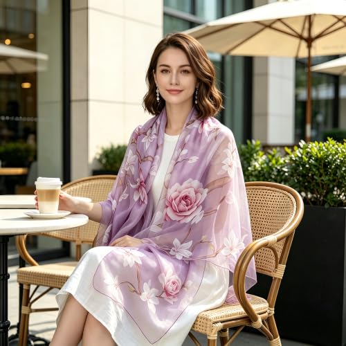 100% Mulberry Silk Women's Neck Silk Scarf-Lightweight Shawl,FLoral Print Beach Silk Wrap-Scarves for Photography - color: Purple