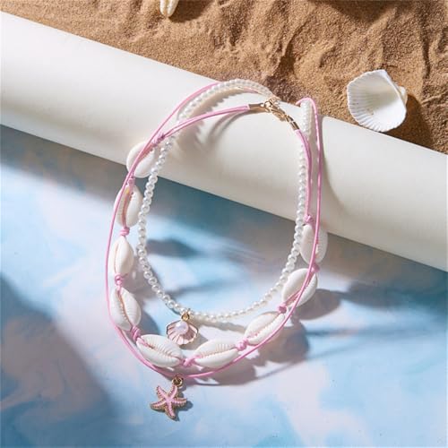 Shell Beach Choker Necklace Set for Women Boho Layered Beaded Adjustable Starfish Conch Shell Nacklace Imitaion Pearl Rice Beads Necklace Summer Ocean Vacation Jewelry - color: Pink