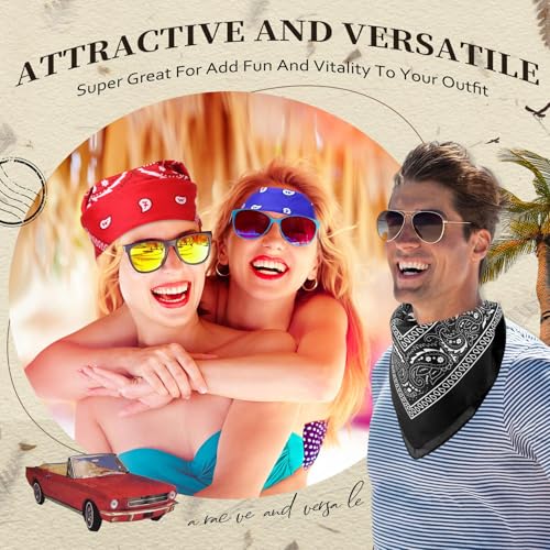 Suhine 12 Pcs Bandanas Bulk for Women Men 22 x 22 Inch Paisley Headband Cowboy Handkerchief Summer Beach Party Costume - color: Red, Black and Blue