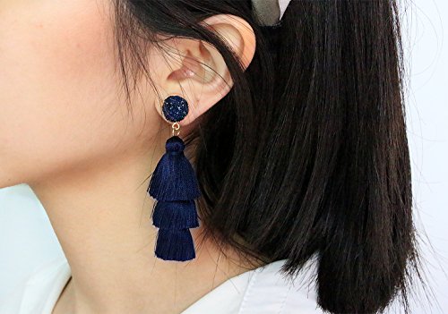 Me&Hz Colorful Layered Tassel Earrings Bohemian Statement Tiered Tassel Big Dangle Drop Earrings for Women Druzy Studs Valentine’s Day Gift - color: Navy Blue