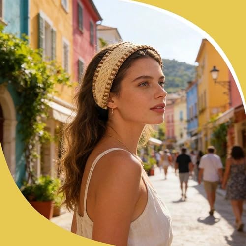 Handwoven Straw Boho Wide Headband for Women Bohemian Non Slip Rattan Crochet Headband Hair Accessory with Gold Trim Braided Hair Band for Summer Beach Festival Wedding Vacation