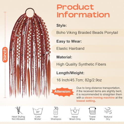 SEIKEA Boho Braided Ponytail Extension on Hair Tie, 16" Full Volume Lightweight Viking Dreadlock Ponytail Braid in Dreadlock Extensions with Beads and Shells, Festival Hair Accessories for Women Girls - color: Auburn Copper Twist