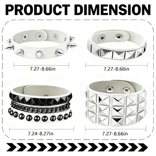Handmade Black Leather Wrap Studded Bracelets for Women Men, 4Pcs Vintage Punk Wrist Cuff Bangle Wristband Emo Jewelry Gifts - style: White Square Stud Style