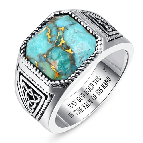 7ct Vintage Teal Turquoise|Emerald|Black Onyx Ring for Men 925 Sterling Silver Men Rings 11mm Square-Cut Mens Cocktail Rings Celtic Pattern Band for Dad Father Size 7-12 - color: Irish Celtic Knot-Genuine Teal Turquoise