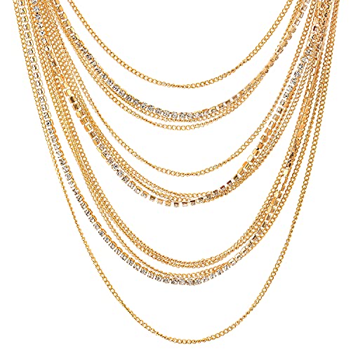 Waterfall Multi-Strand Chains Statement Collar Necklace with Rhinestones Chains, Dress - color: C-Metal Color: 18K Gold-Plated