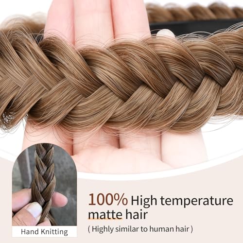2PCs Braided Headband with teeth Handmade Messy Wide Synthetic Hair Elastic Stretch Fluffy Hairpiece for Brides (Dirty Blonde) - color: Dirty Blonde