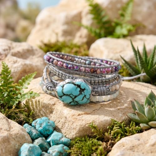 YGLINE Boho Handmade Wrap Leather Tube Crystal Stone Bracelet for Women - color: Turquoise-5 wrap