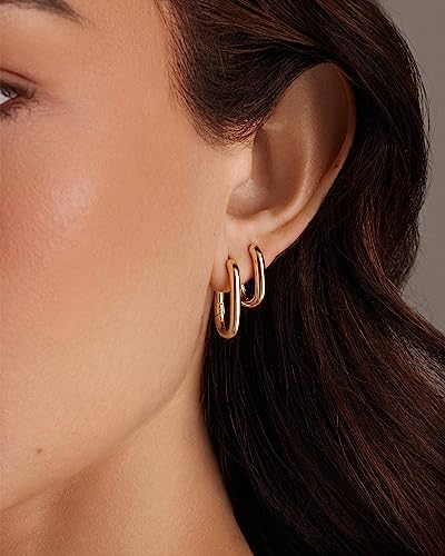 PAVOI 18K Gold Plated 925 Sterling Silver Posts Small Hoop Earrings for Women - Trendy Geometric Plain Chunky Huggie Earscape Piercing Pack - Hypoallergenic Everyday Gold Hoop Earrings Set - style: Rectangle