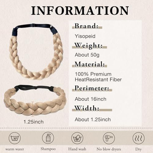 Braided Headbands Hair Piece for Women Synthetic Hair Head Bands Handmade Braid Hairband Hair Accessories Elastic Stretch Headwrap Braided Hair Band - color: 22#-Light Ash Blonde