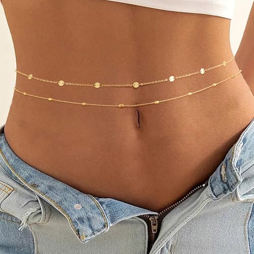Gold Waist Chain for Women Dainty 14K Gold Plated Layered Belly Chain Adjustable Bikini Belly Beads for the Waist Waterproof Beach Accessories Body Chain Jewelry for Gifts - style: BY0007