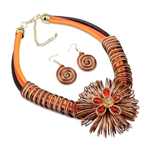 Ethnic Crystal Rhinestone Pendant Necklace Earrings Set Women Handmade Tribal Collar Choker Chunky Metal Bib Rope Chain African Statement Jewelry Set - color: NXR1418-orange