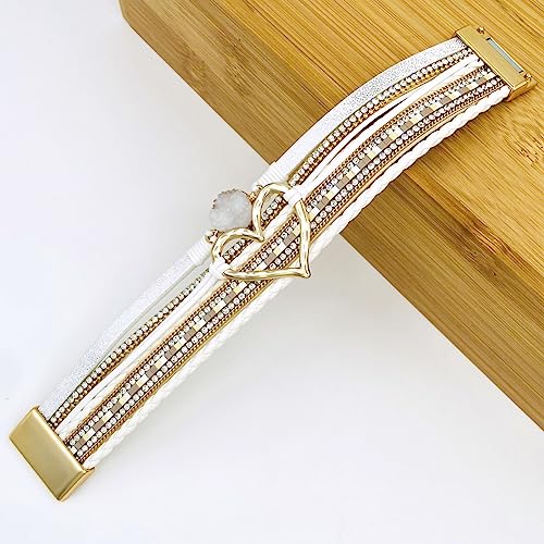 Womens Multi Layer Heart Leather Wrap Bracelet Boho Stackable Cuff Bangle Magnetic Clasp Crystal Birthday Valentine Gift - color: White