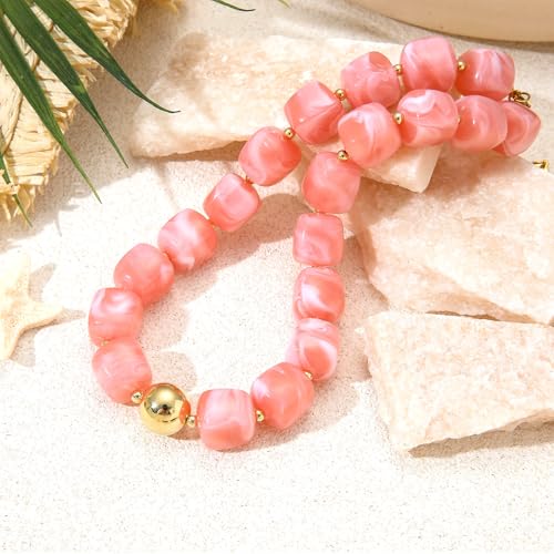 Chunky Colorful Beaded Necklaces for Women Big Bead Boho Choker Necklace Trendy Heart Statement Necklace Summer Beach Jewelry Mothers Day Gifts for Mom Daughter - color: Square Pink Choker