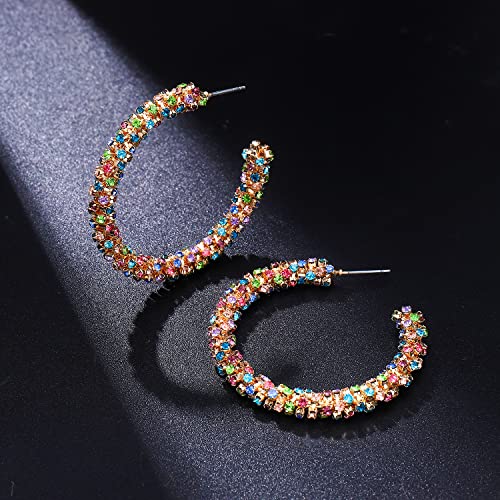 Rhinestone Hoop Earring for Women Sparkly Crystal Wrapped Hoop Dangle Earrings Statement Boho Gold Black Plated CZ Hoop Earring - color: C:Sparkle Colorful