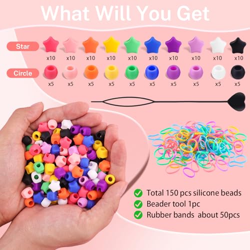150Pcs Silicone Hair Beads for Braids, 5mm hole Mixed Shape Soft Pony Beads Bulk, Multi-color Hair Jewerly Accessories Kit with 60 Rubber Bands and 1 Beader for Braids,DIY Bracelets and Crafts - color: Multi Shape B-Multicolor-150pcs