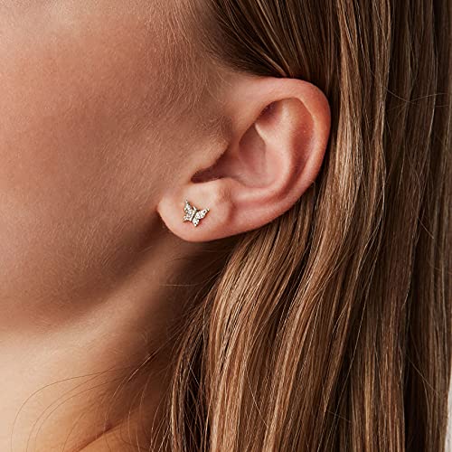 PAVOI 14K Gold Plated Dainty Stud Earrings for Women - 925 Sterling Silver Posts Earrings with Cubic Zirconia - Celestial Lightning Bolt, Moon, Star, and Flower Gold Jewelry Gifts - style: Butterfly