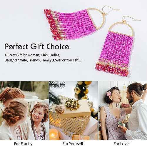 Bohemia Beaded Dangle Earrings - Handmade Seed Bead Earrings, Statement Beaded Tassel Earrings for Women - color: HOT PINK