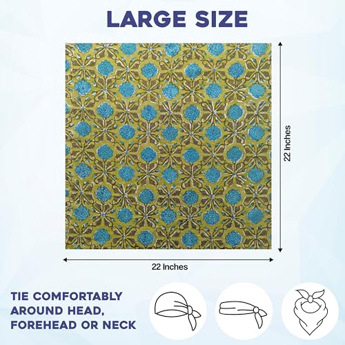 AVKA Studio 100% Cotton Bandanas for Women & Men, 2 Pack 20x20 Inch, 22x22 inch Hand Printed, Lightweight Cotton Handkerchief - color: Olive & Teal, size: 22 x 22 Inches Large