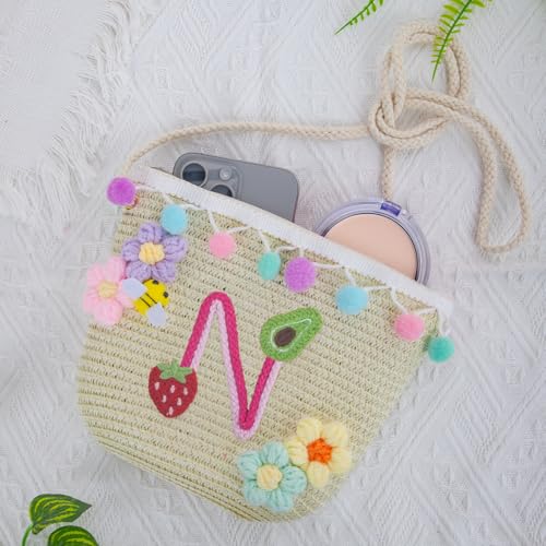 Letter Small Woven Straw Summer Beach Tote Bag for Women 2025,Woven Straw Beach Purse Shoulder Crossbody Bag for Women 2025 - color: Brown N