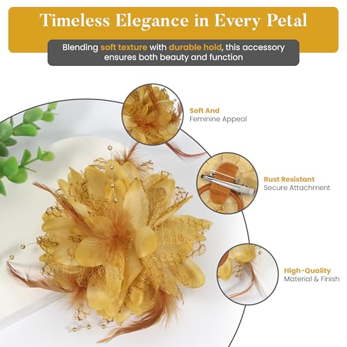 4.72 Inches Elegant Hair Clip Large Flower Brooches for Women | Flower Mesh Feathers Headwear Hair Clips for Wedding | Ponytail Holder & Floral Pins for Clothes Must Have in Fashion Dress Accessories - color: Golden Yellow
