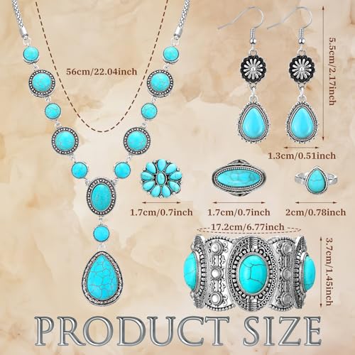 Ecally Bohemian Western Jewelry Turquoise Set Women Country Pendant Long Choker Layered Bracelets Earrings Ring for Women - color: Turquoise, style: Retro