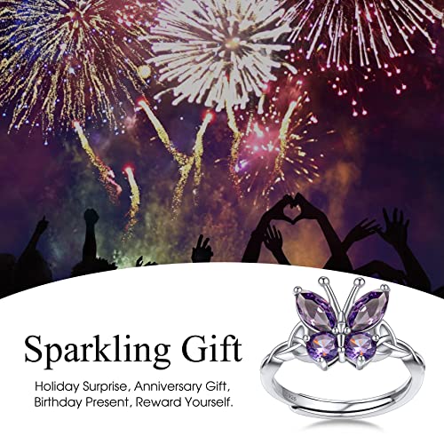 Bestyle 925 Sterling Silver Butterfly Ring Hypoallergnic Adjustable Birthstone Rings for Women Butterfly Jewelry Gifts for Anniversary Mothers' Day Birthday - color: 02.February (Amethyst)-Ring