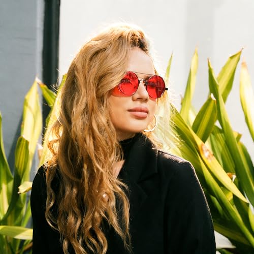 FEISEDY Aviator Sunglasses for Men Women, Retro Steampunk Gothic Round Metal Frame Hippie Glasses B2351 - color: Black Frame With Red Lens and Black Leg