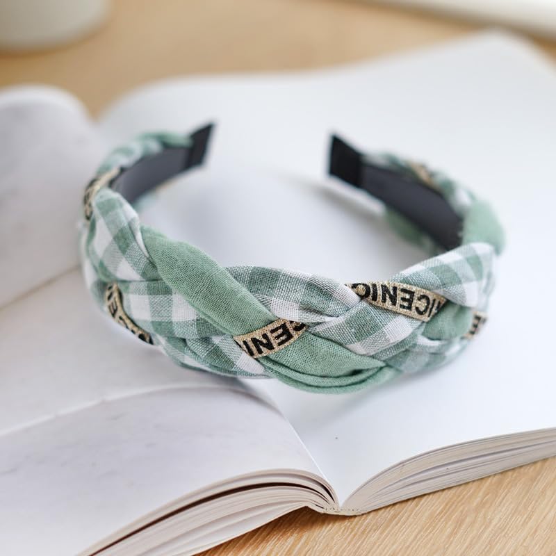 Braided Headband for Women-Vintage Fabric High Crown Headband with Non-Slip Teeth, Cute Boho Knotted Hair Band for Women & Teens (20-Fresh Green, One Size) - color: 20-Fresh Green