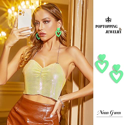Double Heart Earrings Dangling Heart Drop Earrings For Women Love Heart Dangle Earrings Birthday Gift - color: Neon Green