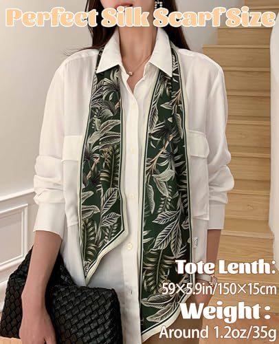 kcctoo 59" Mulberry Silk Like Head Scarf Women's Fashion Square Neck Satin Scarfs for Bag Hair Scarves Gift 59 * 5.9” - color: A011-dark Green Leaves/59"x5.9"