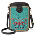 Women's Small Crossbody Cell Phone Bag, Boho Colorful Beaded Purse Wallet with Handmade Cute Patterns - color: Butterfly-blue