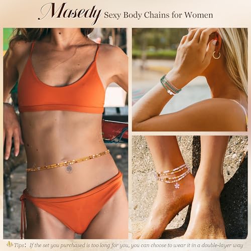 8PCS African Waist Bead Chains for Women Layered Belly Body Chain Handmade Plus Size Beaded Belly Chain Colorful Elastic Flower Butterfly Body Chains Summer Beach Bikini Body Jewelry 31-45in - style: Set C