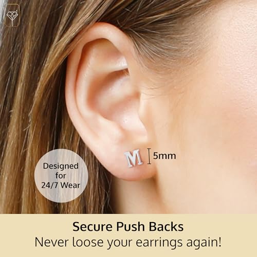 14k Gold Small Script Initial Letter Stud Earrings for Women | Anti Tarnishing 5mm 14k Gold Studs | A-Z Alphabet Earrings with Gift Box by MAX + STONE - style: M | White Gold