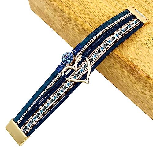 Womens Multi Layer Heart Leather Wrap Bracelet Boho Stackable Cuff Bangle Magnetic Clasp Crystal Birthday Valentine Gift - color: Navy Blue