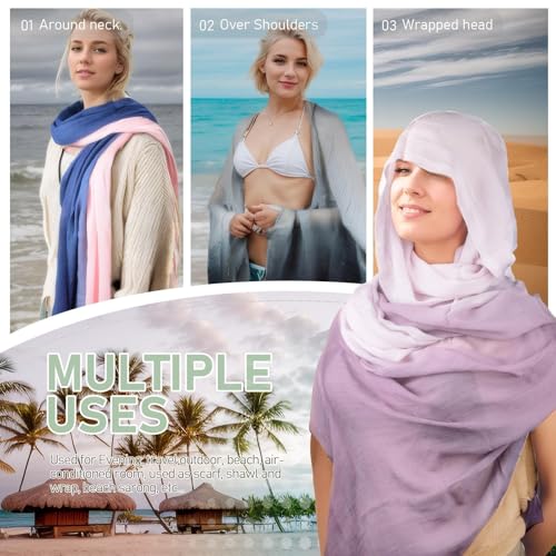 Two-tone Linen Scarf for Women Lightweight Summer Wrap Cotton Shawl Beach Travel Pashmina Gauze 75"×35" - color: Light Purple/Dark Purple