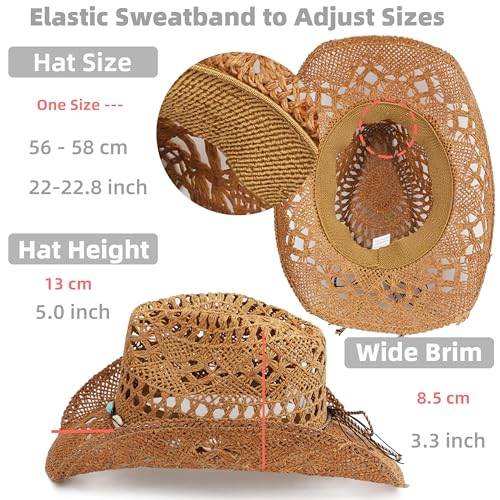 Straw Cowboy Hat for Women and Men with Shapeable Wide Brim Sun Beach Western Cowgirl Hat - color: Khaki-m