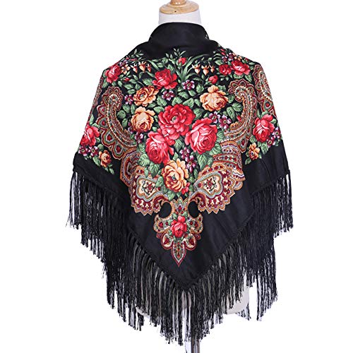 Gudessly Women's Traditional Scarf Wrap Tassel Fringes Neck Head Shawl Retro Scarf Floral Poncho Printing Square Cape 50inch - color: Black