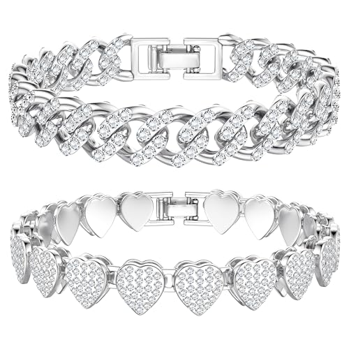 TEN MIRO Silver Plated Bracelets for Women,Silver Tennis Bracelets for Women Non Tarnish Heart Square Cuban Bracelet stack Layered Link Bracelet Set Fashion Jewelry for Women or Men