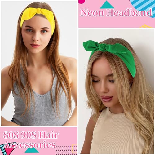 KICOSY 4PCS Neon Bow Headbands for Women - 80s Style Colorful Knotted Hair Bands, Retro Workout & Casual Hair Accessories