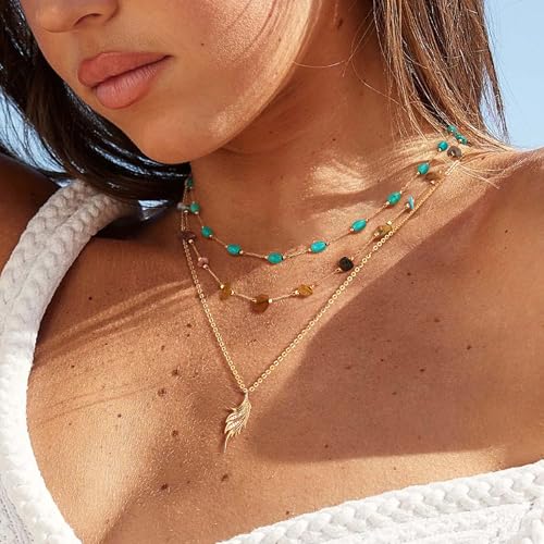 Created Turquoise Necklace for Women 14K Gold Plated Beaded Heart Choker Boho Necklaces Handmade Beach Summer Everyday Western Jewelry Gifts - color: Gold Chain, style: Oval