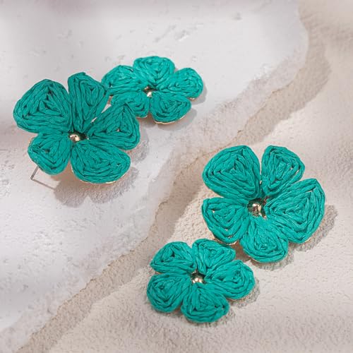 Boho Flower Earrings Statement Raffia Dangle Earrings Cute Floral Jewelry Trendy Summer Beach Vacation Outfits for Women - color: Teal