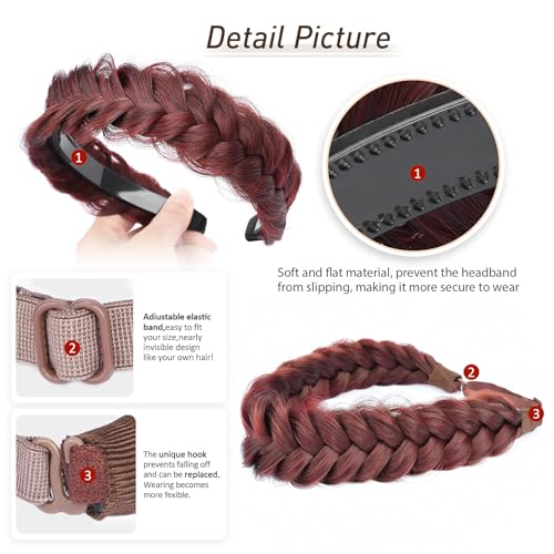 2PCs Braided Headband with teeth Handmade Messy Wide Synthetic Hair Elastic Stretch Fluffy Hairpiece for Brides (Burgundy) - color: Burgundy