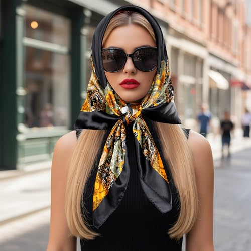Pistha Head Scarf Bandana for Women, Satin Scarf for Hair, Large Square Silk Bandana Headscarf for Women and Men 35 Inch - style: Classic-black