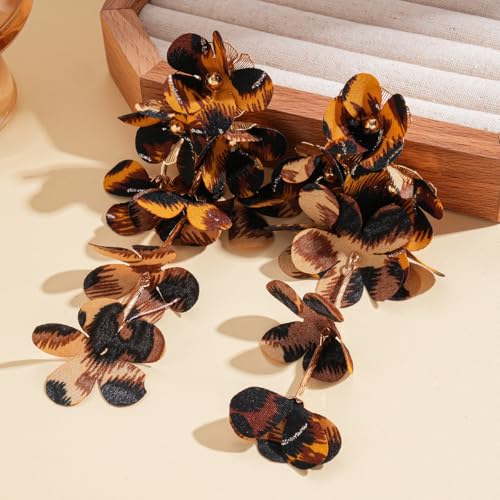 Boho Leopard Print Floral Earring Long Multi Layered Tassel Flower Earrings Fabric Flower Statement Earring Fashion Jewelry Accessories for Women - color: Brown