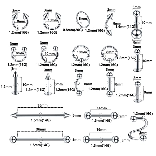 100PCS Piercing Kit Jewelry 14G 16G 20G Nose Rings Lip Studs Tongue Rings Stainless Steel Cartilage Earrings Tragus Eyebrow Industrial Barbell Belly Rings Body Piercing Kit Jewelry - color: Mixed-Color