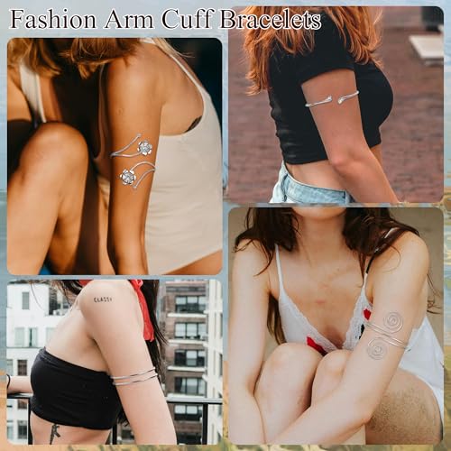 4Pcs Upper Arm Cuff for Women Open Adjustable Arm Bracelets Minimalist Coil Arm Armband Set - style: Silver-Style A