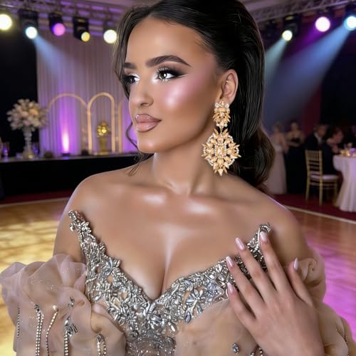 Silver Chandelier Earrings for Women Trendy, Oversized Big Crystal Rhinestone Statement Earrings Dangling Formal Pageant Earings Drag Queen Jewelry - color: champagne