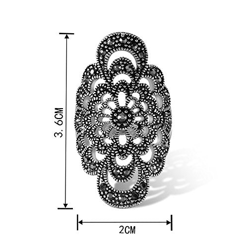 Women's Black Rings Vintage Rings Statement Rings for Women Band Marcasite Crystal Rings for Women - color: Siler2